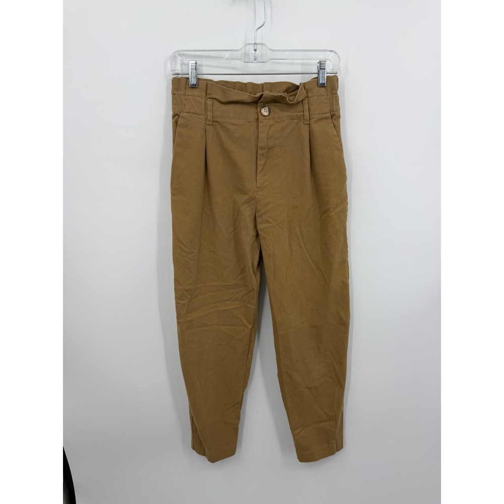 Zara Paperbag Waist Tapered‎ Pants Women Size S Tan Brown High Rise Pleated